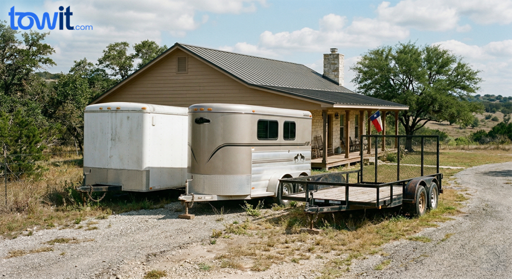 A cargo trailer, a horse trailer and a utility trailer, unused assets.
